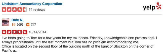 Dale N Yelp review of Lindstrom Accountancy Corporation
