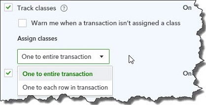 quickbooks track classes window