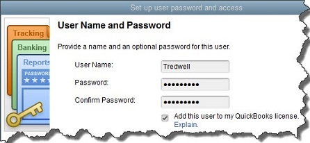 quickbooks username and password setup panel