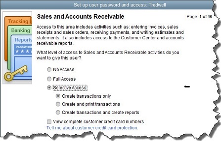 quickbooks setup for user paasword and access panel