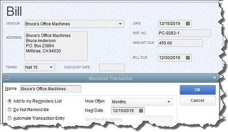 quickbooks bill menu