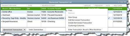 quickbooks memorized transaction list