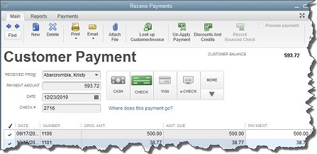 quickbooks customer payment panel