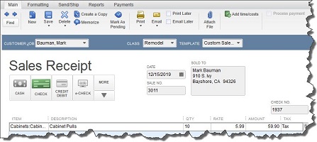 quickbooks sales receipts panel