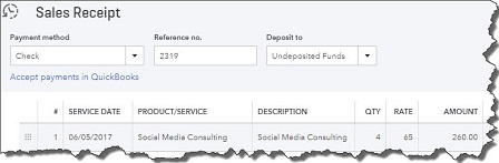 quickbooks sales receipt panel