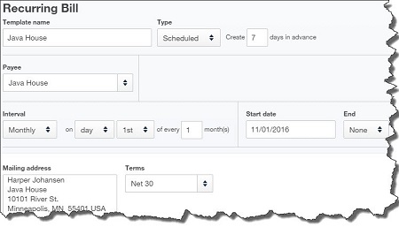 quickbooks recurring bill panel