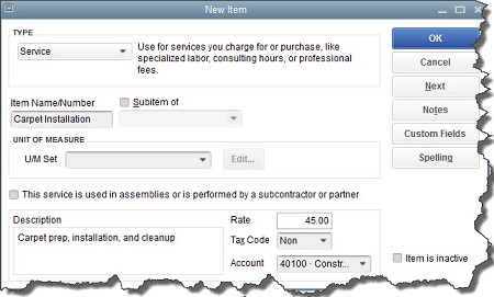 quickbooks new item page