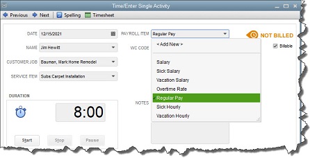 quickbooks single activity work ticket screen