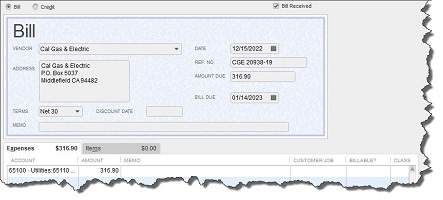 bill menu in quickbooks